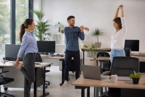 Equipo de oficina haciendo movimientos suaves durante una pausa
